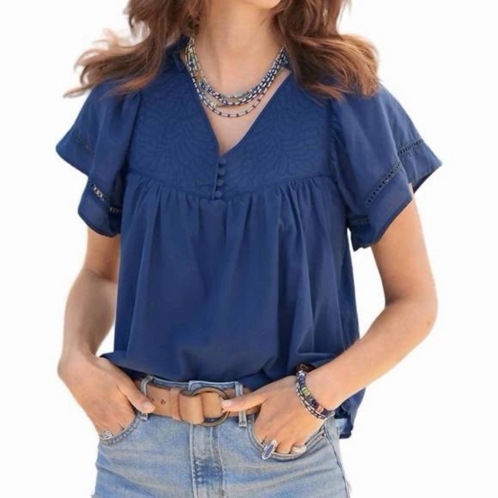 Melissa Nepton Size M Navy Blue Quilted V-Neck Emily Top Lace Trim Boho Babydoll